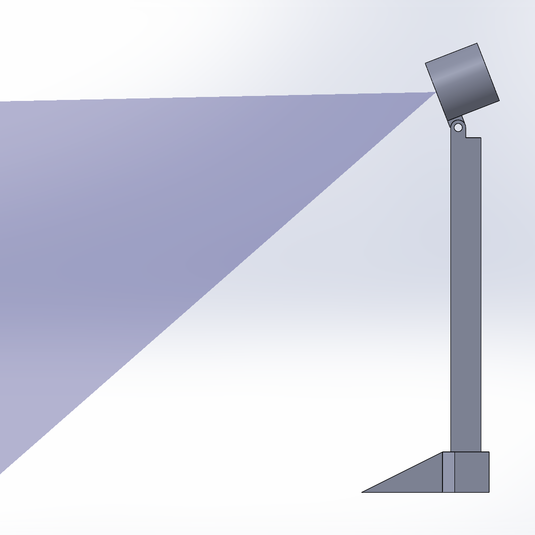 CAD side view of the Policy 1 camera mount: a vertical post with the camera at the top, looking across the table at a shallow angle; its field of view is drawn as a long, low triangle.