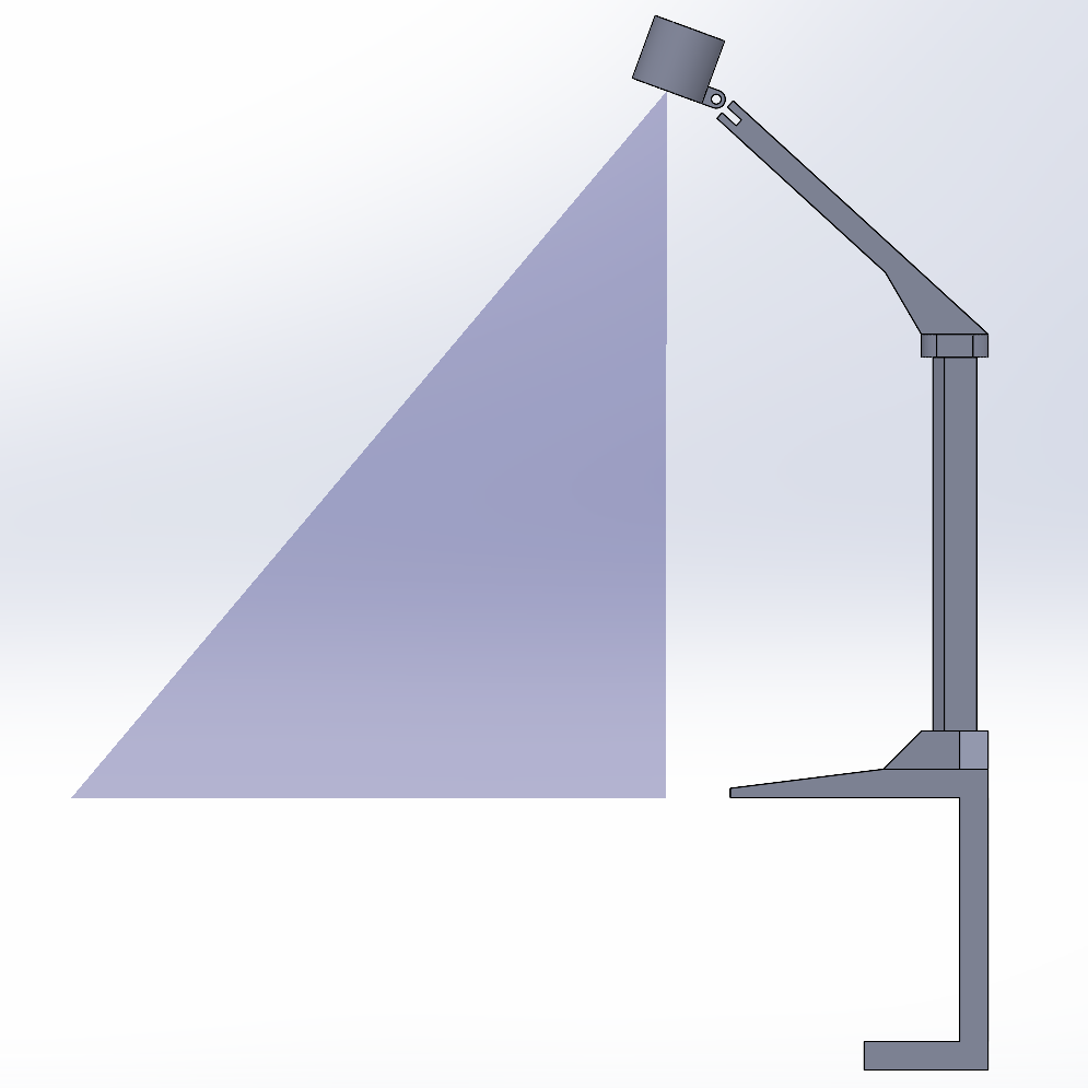 CAD side view of the Policy 2 camera mount: a post with an angled arm that holds the camera out over the workspace, looking down steeply; its field of view is drawn as a triangle pointing down at the table.
