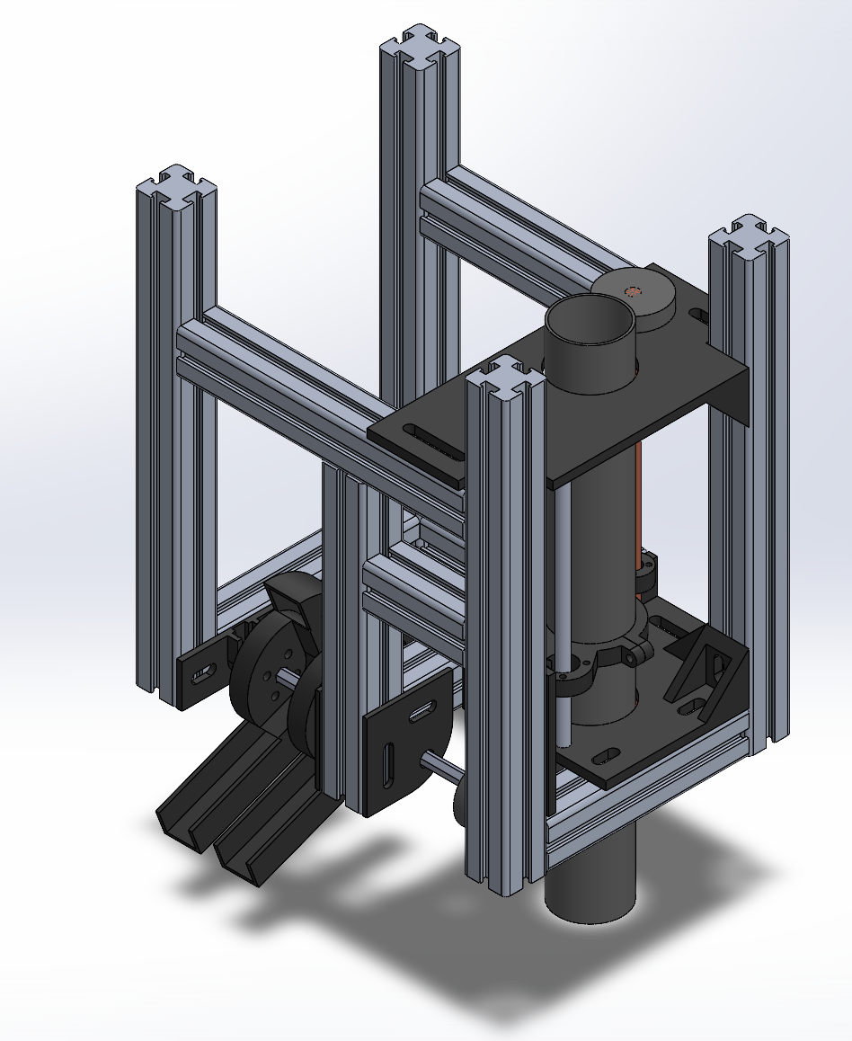 CAD assembly of the Spring 2026 science module: a frame of 30 mm aluminum extrusion holding a vertical tube between two black mounting plates, with two topsoil scoops mounted low on one side.